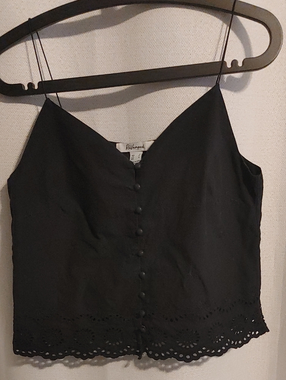 (4/$20) Revamped Women's Black Eyelet-Hem Button-Front Camisole